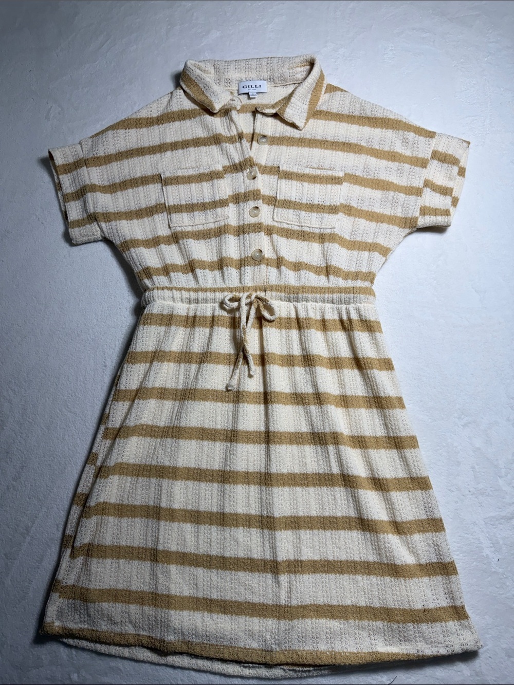 Gilli Cream and Tan Striped Knit Drawstring Shirt Dress